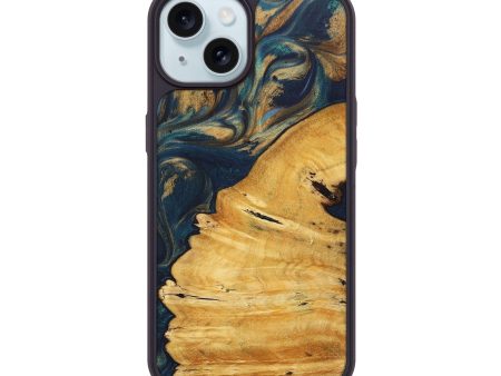 iPhone 15 Wood+Resin Phone Case - Elsa (Teal & Gold, 715309) Supply