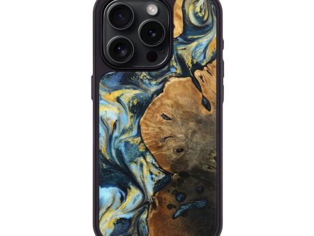 iPhone 15 Pro Wood+Resin Phone Case - Bobbi (Teal & Gold, 714050) For Cheap