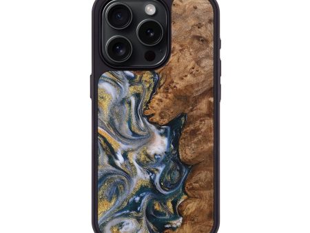 iPhone 15 Pro Wood+Resin Phone Case - Camryn (Teal & Gold, 714603) Supply