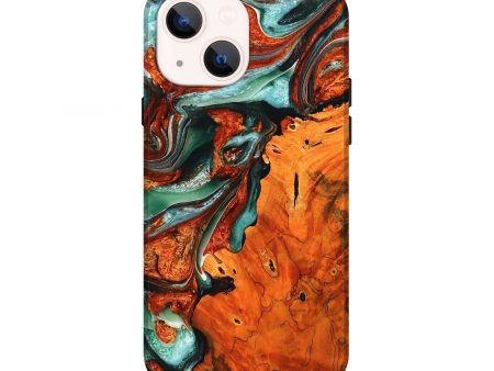 iPhone 13 Wood+Resin Live Edge Phone Case - Tiffany (Teal & Gold, 711294) For Cheap