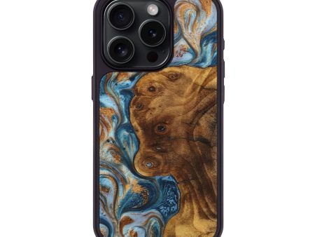 iPhone 15 Pro Wood+Resin Phone Case - Blakely (Teal & Gold, 710646) Supply