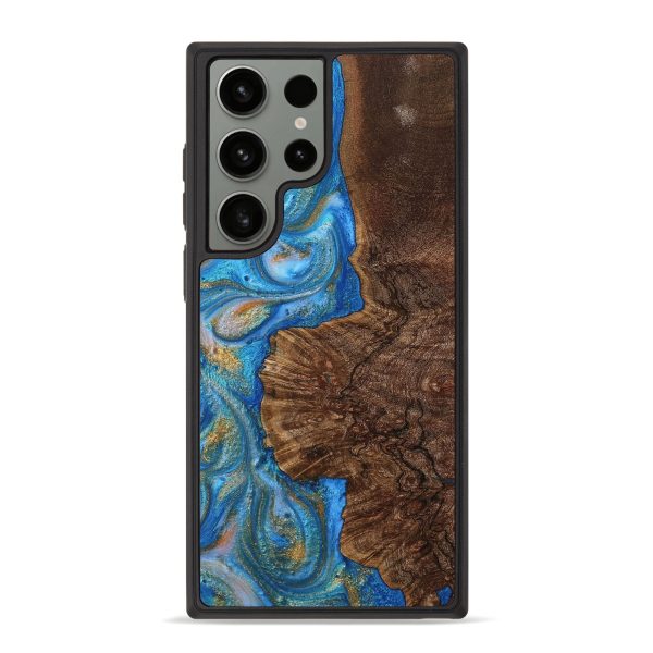 Galaxy S23 Ultra Wood+Resin Phone Case - Alfred (Teal & Gold, 713099) on Sale