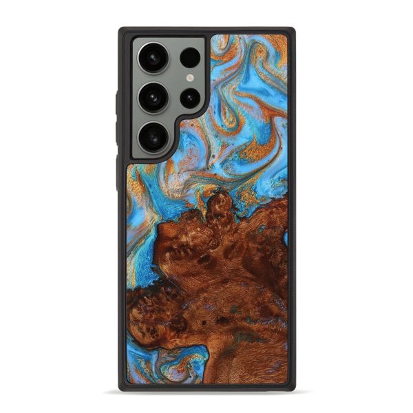 Galaxy S23 Ultra Wood+Resin Phone Case - Alyssa (Teal & Gold, 710655) For Sale