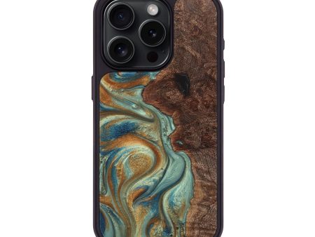 iPhone 15 Pro Wood+Resin Phone Case - Tyra (Teal & Gold, 711799) Online Sale